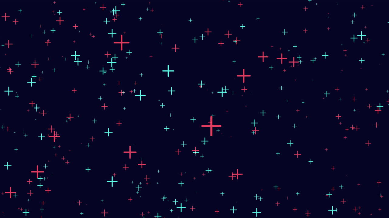 A striking seamless pattern featuring red and blue crosses on a black backdrop. The crosses form a grid layout, neatly stacked with each overlaying the adjacent one