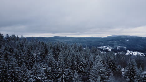 Aerial-flight-showing-snowy-winter-landscape-in-Bavaria-and-village-during-cloudy-day