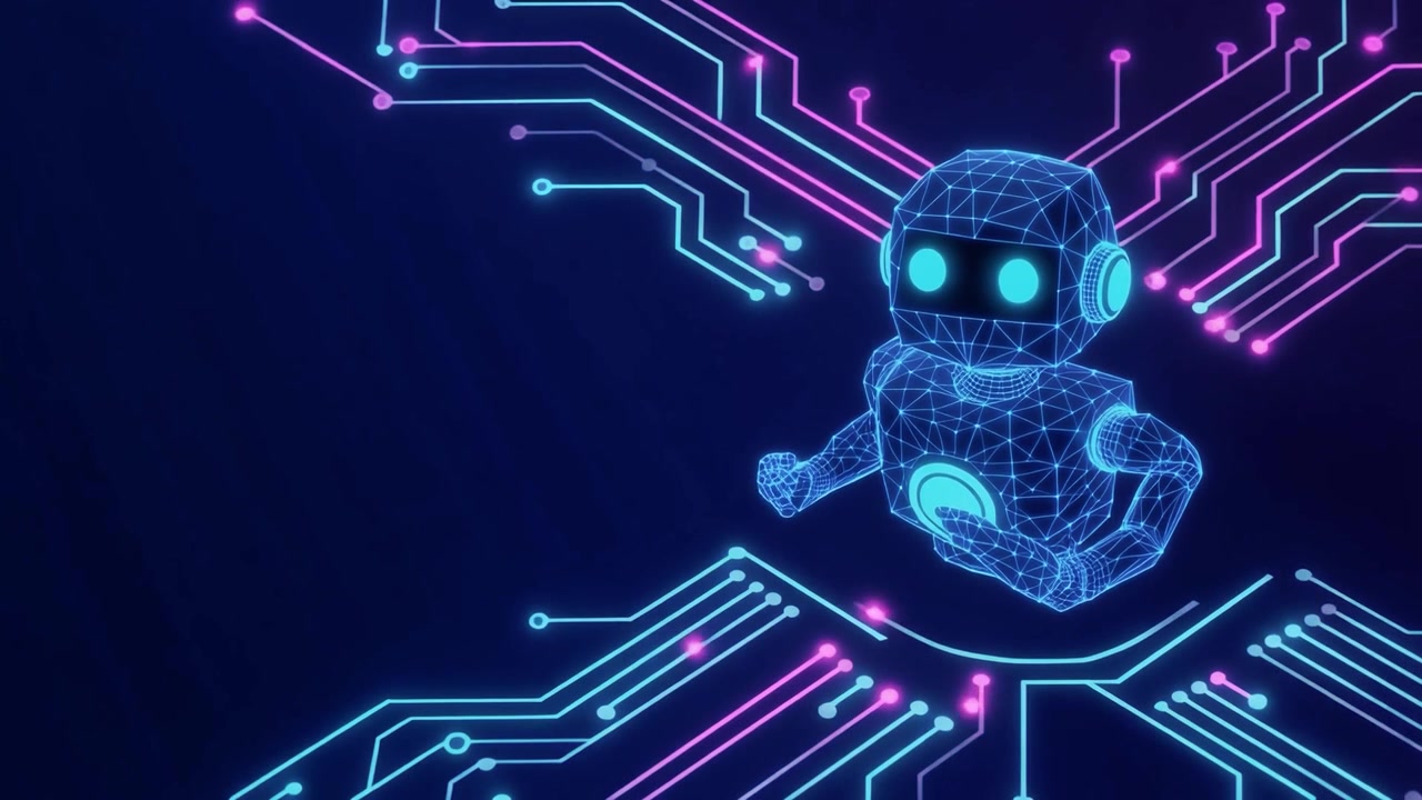 Personaggio Robotico Wireframe con Sfondo di Circuiti Digitali Luminosi