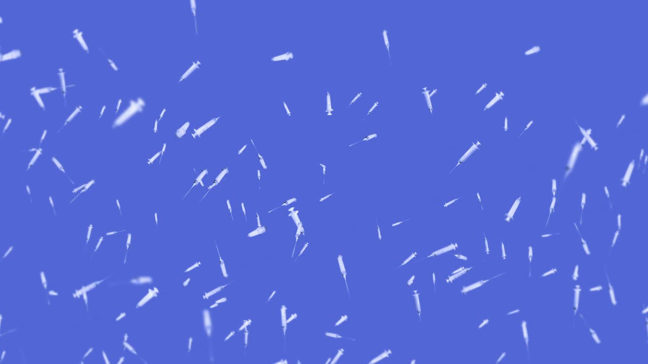 Flying many syringes for injection on blue background. Medical concept. Vaccine against the virus. Healthcare therapy. 3D loop animation.