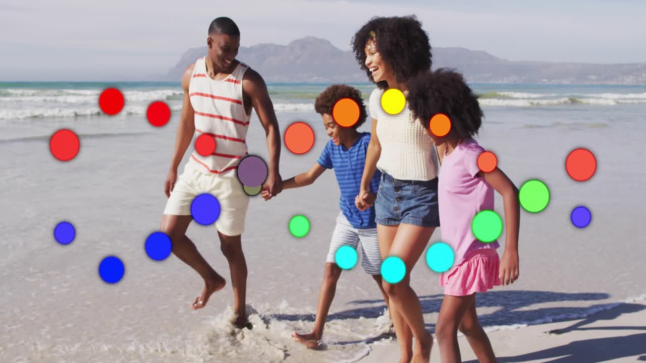 Family walking shore for fun adults lifting boy dad splashing waves dots overlaying family travel