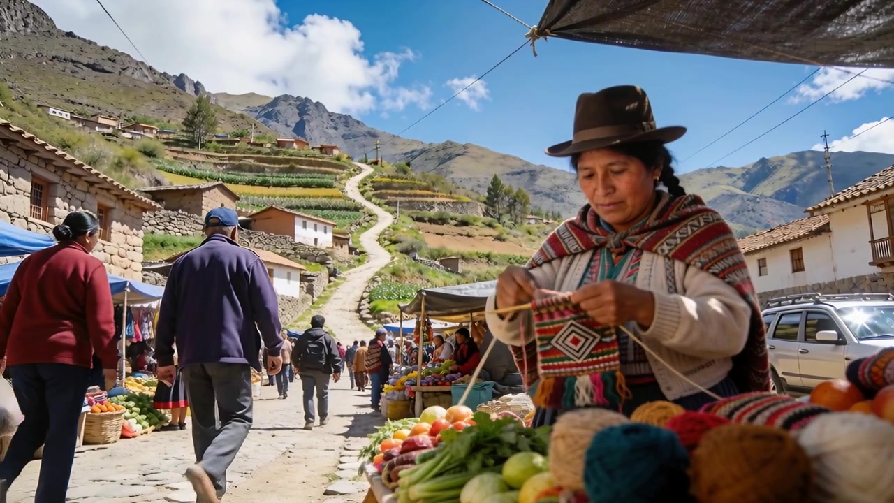 Knitting vendor, brown poncho, at Andes market, winding yarn to sell as shoppers pass, copy space