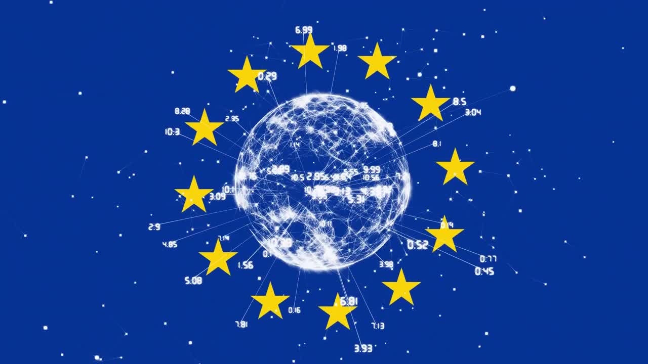 노란색 별들이 연결망 위에서 회전하여 파란색 배경에서 지구를 형성합니다.