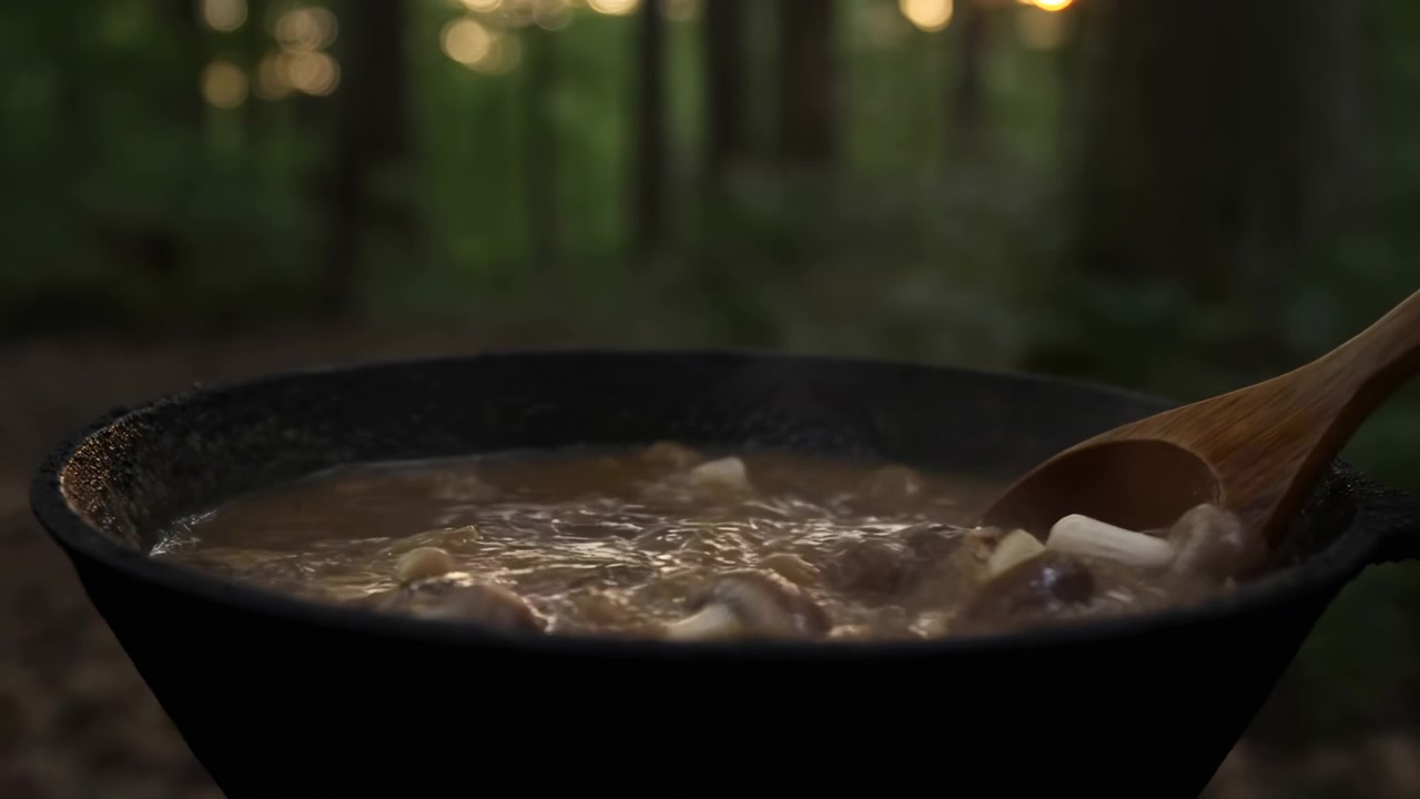 Primo piano con vista dal basso di un cucchiaio di legno che mescola uno stufato marrone sobbollente all'interno di una pentola di ghisa annerita sul suolo della foresta, con luce solare calda, vapore che sale, un'atmosfera di cucina rustica da campo e dalla ricca consistenza.