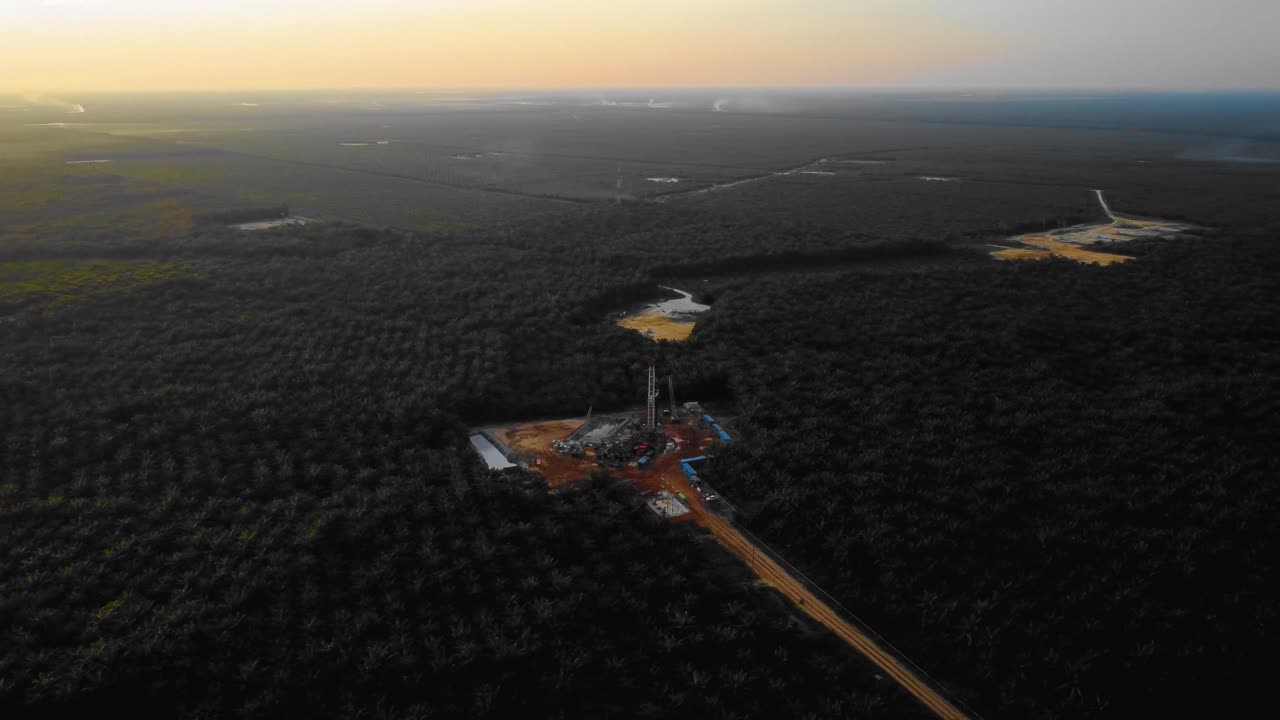 일몰과 고유가 기간 동안 야자나무로 둘러싸인 정글 한가운데에서 석유 탐사 및 착취를 위한 육상 시추 장비 구조의 영화 4k 드론 영상