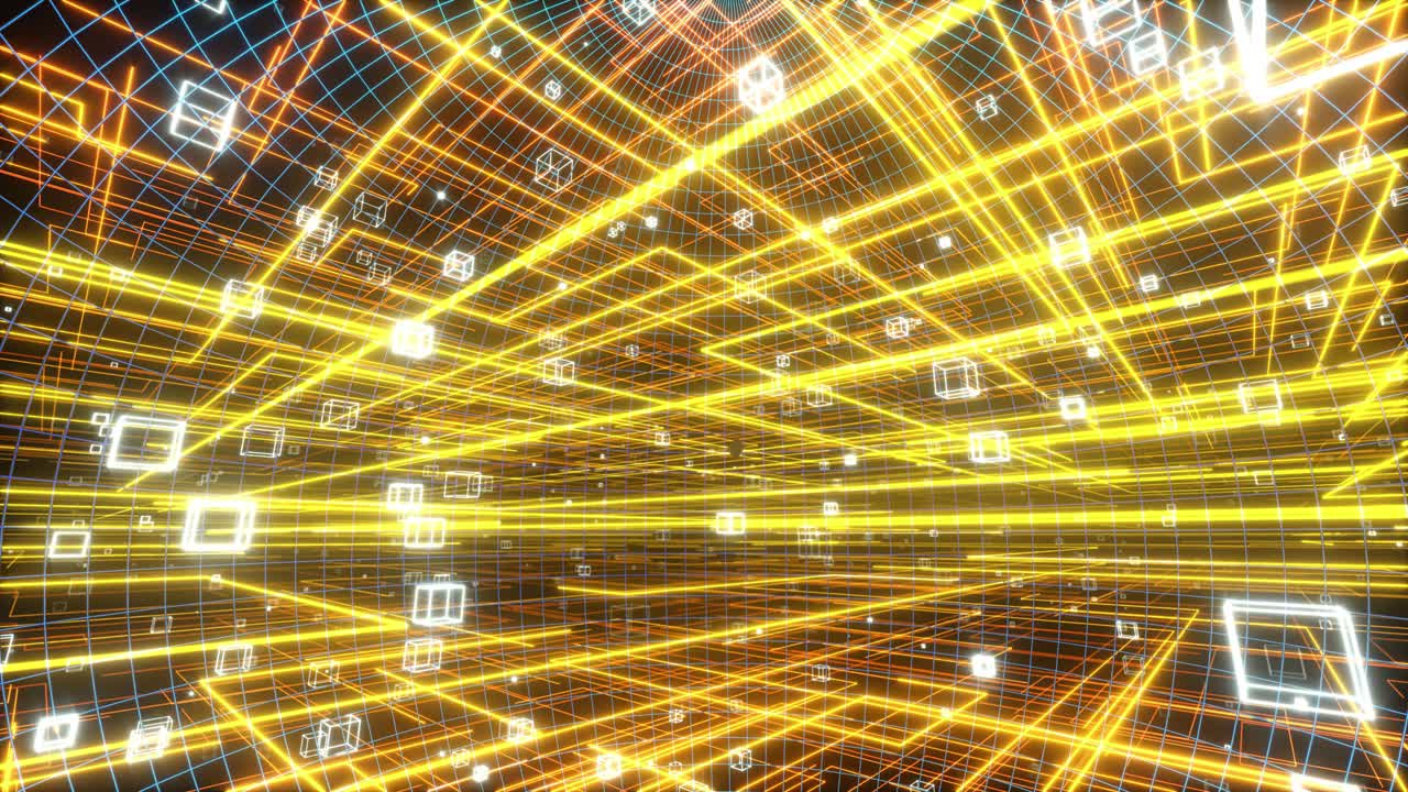 빛나는 선과 큐브, 데이터 선과 네트워크, 3d 렌더링