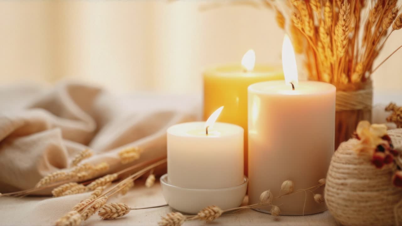 The video captures a serene ambiance with lit candles and dried flowers, emphasizing warmth