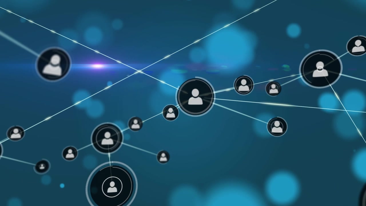 Animazione di una rete di connessioni con icone su punti luce su sfondo blu