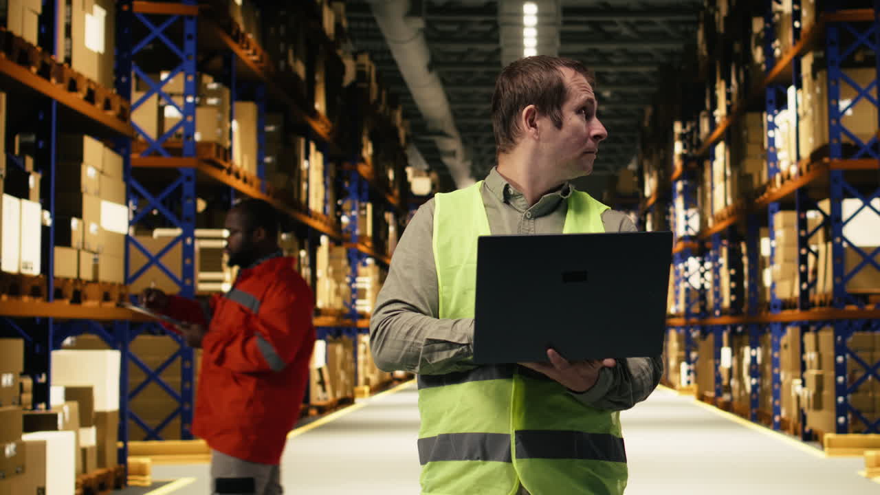 Ritratto di lavoratore che organizza pacchi nel magazzino di un centro logistico.