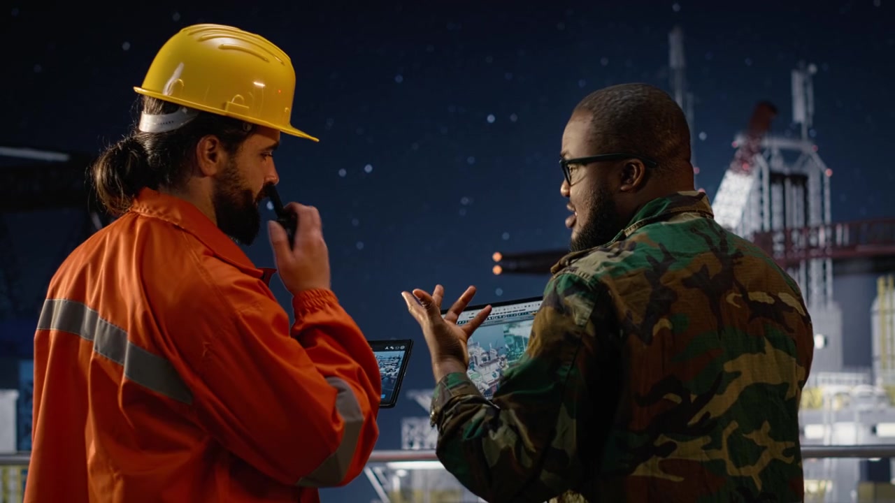 Drilling ship worker and military man use laptop to monitor threats during war