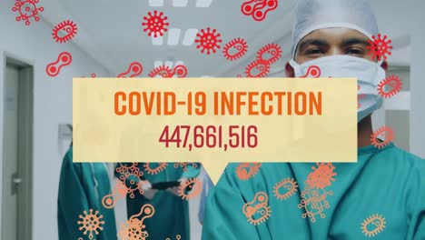 Animation-of-covid-19-text-and-cells-over-surgeons-operating-in-face-masks