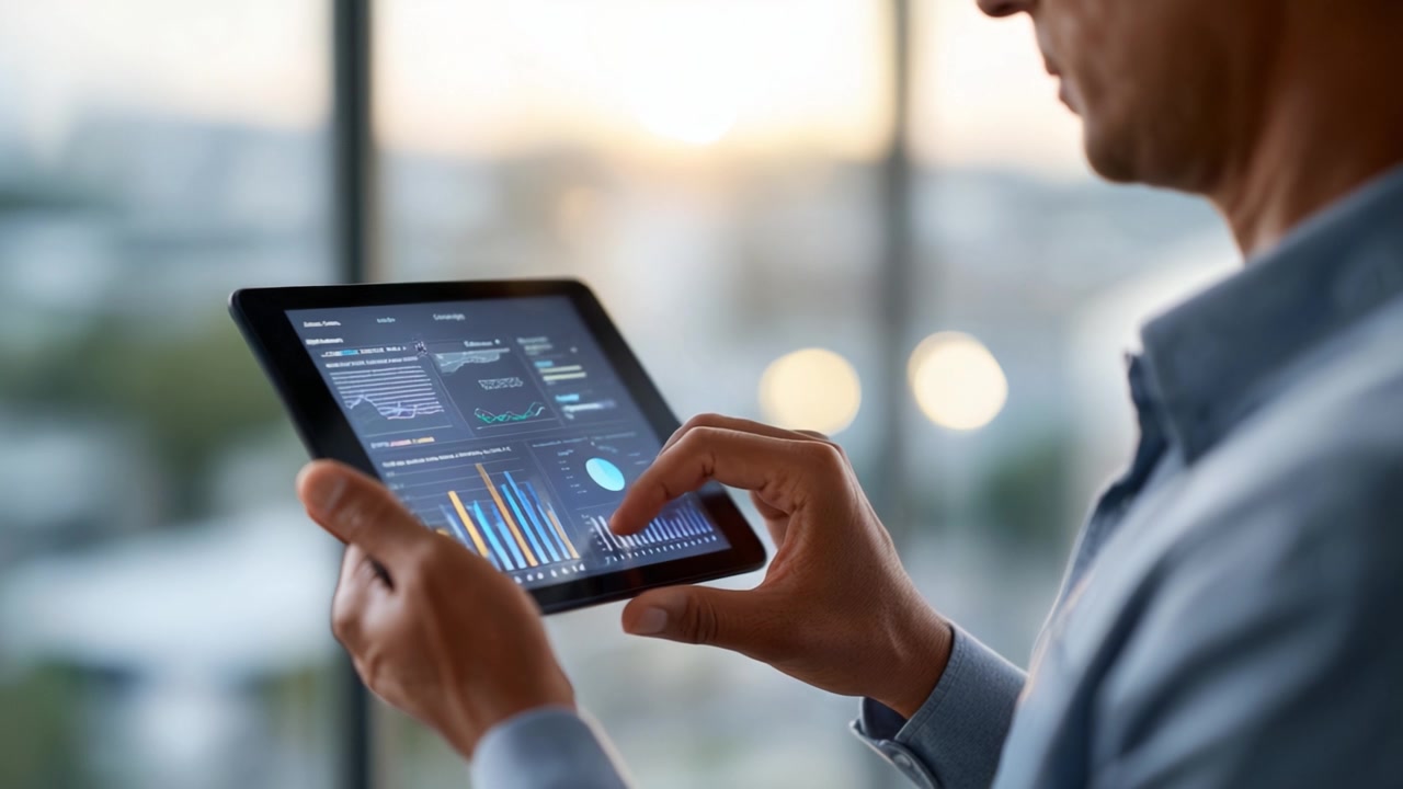 Analyse av datainnsikt ved hjelp av et nettbrett: En profesjonells undersøkelse av grafer og statistikk i et moderne kontormiljø i kveldstimene