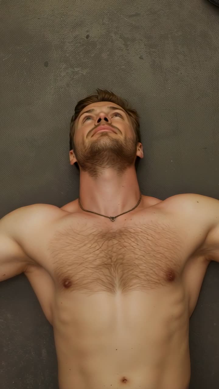 Video verticale: Uomo sdraiato a torso nudo che respira e guarda in alto su un tappetino da palestra, con una collana con ciondolo.