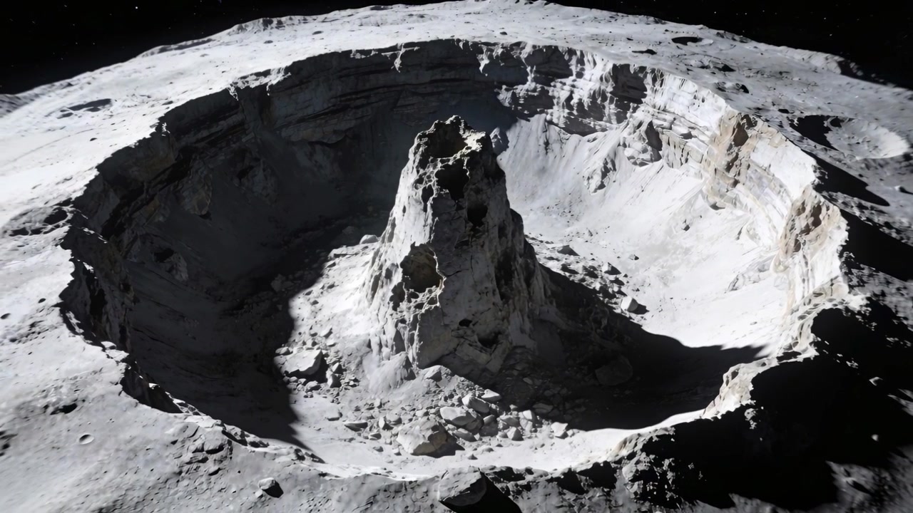 Sweeping camera revealing large crater on Moon surface, surveying central peak and terraced walls