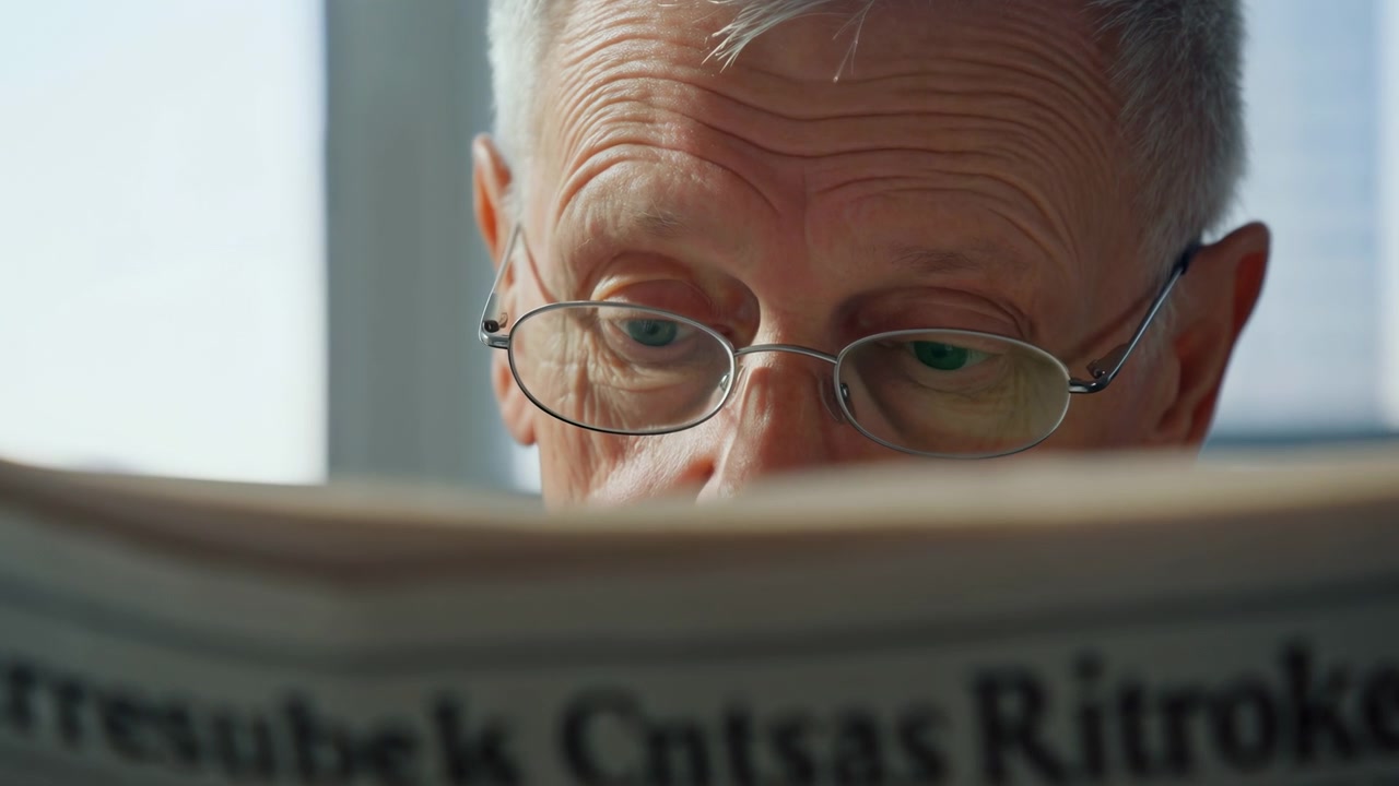 Close-up motion scene of elderly man holding newspaper, reading glasses low on nose, eyes shifting between downcast and lifted gaze, focused expression, blurred foreground, soft daylight, quiet