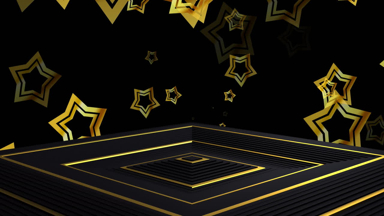 animación de estrellas doradas sobre una superficie cuadrada móvil con fondo negro