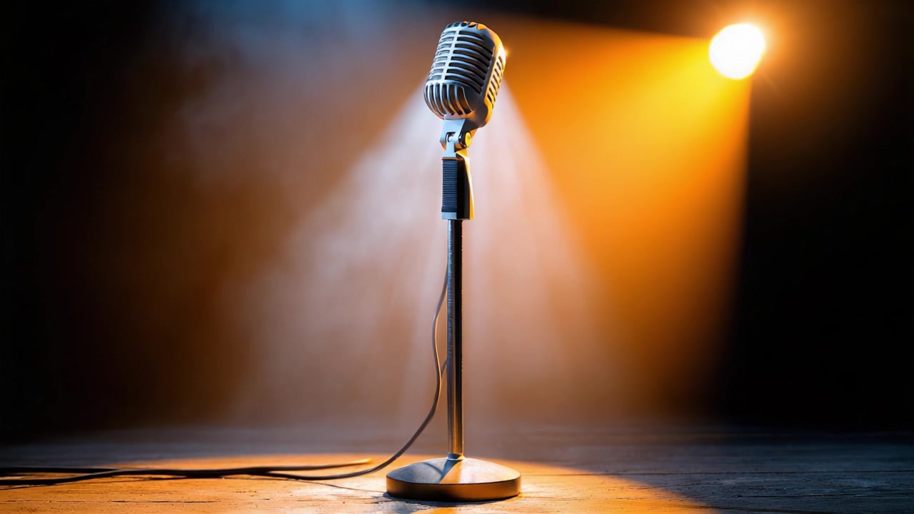 A Classic Microphone Illuminated on Stage, Capturing the Essence of Live Performance with Dramatic Lighting and Atmospheric Fog Surrounding the Podium