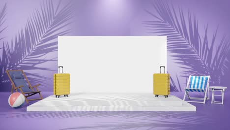 3d-rendering-animation-of-product-empty-copy-space-with-light-set-up-and-travel-concept-with-laptop-and-suitcase-on-tropical-palm-beach-purple-background