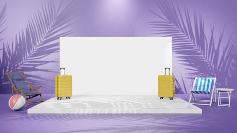 animación de renderización 3d del producto espacio de copia vacío con configuración de luz y concepto de viaje con portátil y maleta en fondo púrpura de playa de palma tropical