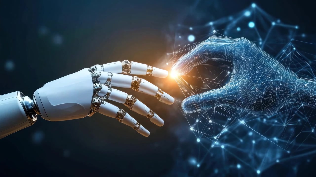 Mano robotica che si estende verso una mano di rete digitale