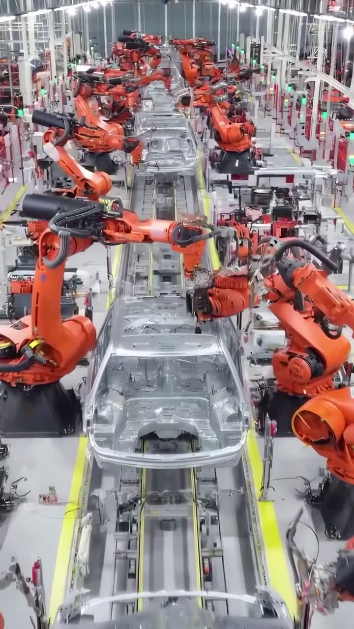 High-angle video of an automated car assembly line with robotic arms in ...