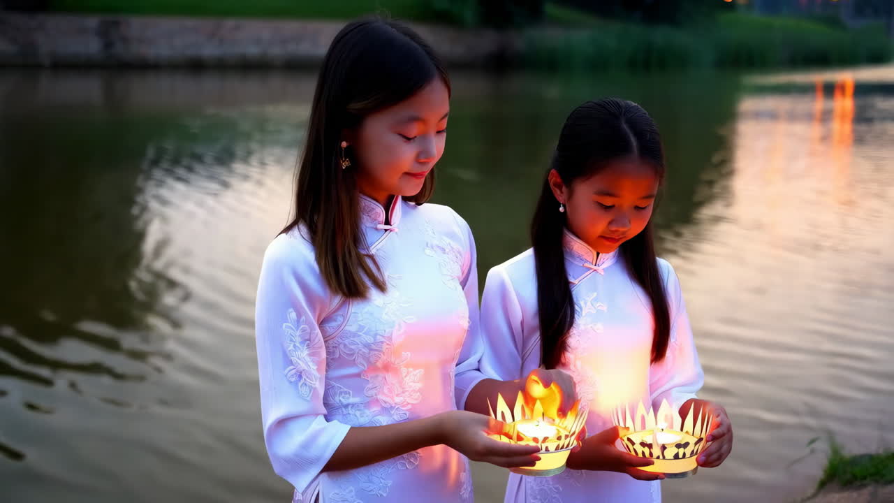 Dos chicas con linternas junto al río