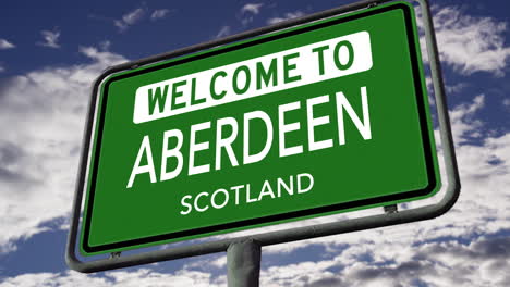 welcome to aberdeen, scotland, uk city road sign, realistic 3d animation