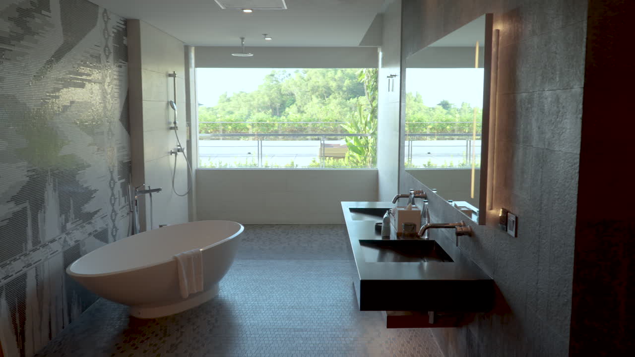 Luxury hotel bathroom vanity with tub and open shower overlooking terrace and tropical forest, Uluwatu Bali Indonesia