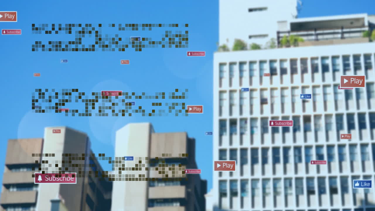 Two office buildings rising skyward in 3D render, showing pixelated text and floating social icons
