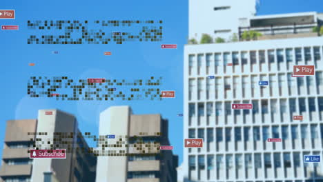 two office buildings rising skyward in 3d render, showing pixelated text and floating social icons