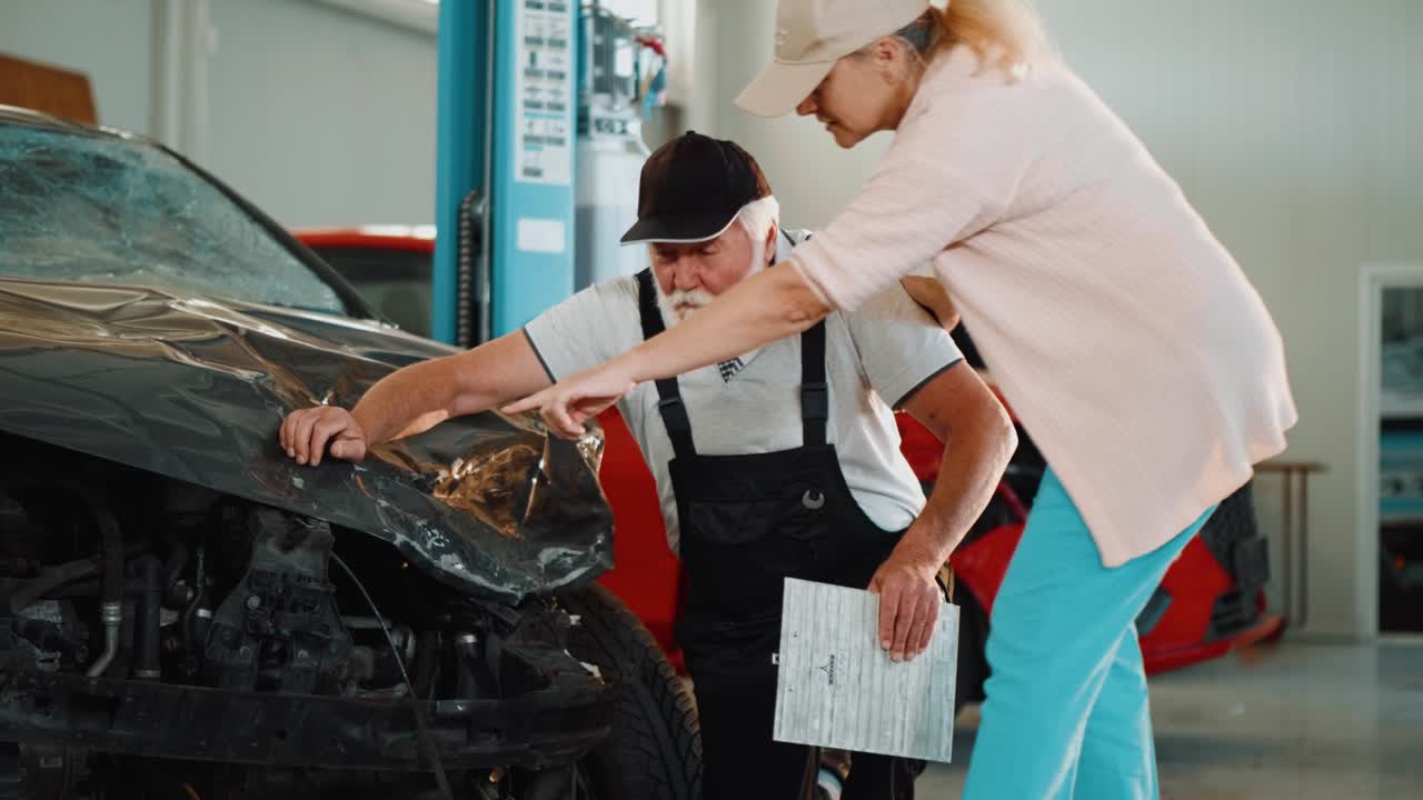 un viejo mecánico y una mujer adulta dueño de un coche revisan el coche dañado en el taller de trabajo