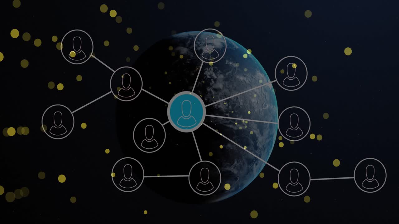 네트워크에서 이동하는 점의 애니메이션과 검은 바탕의 지구