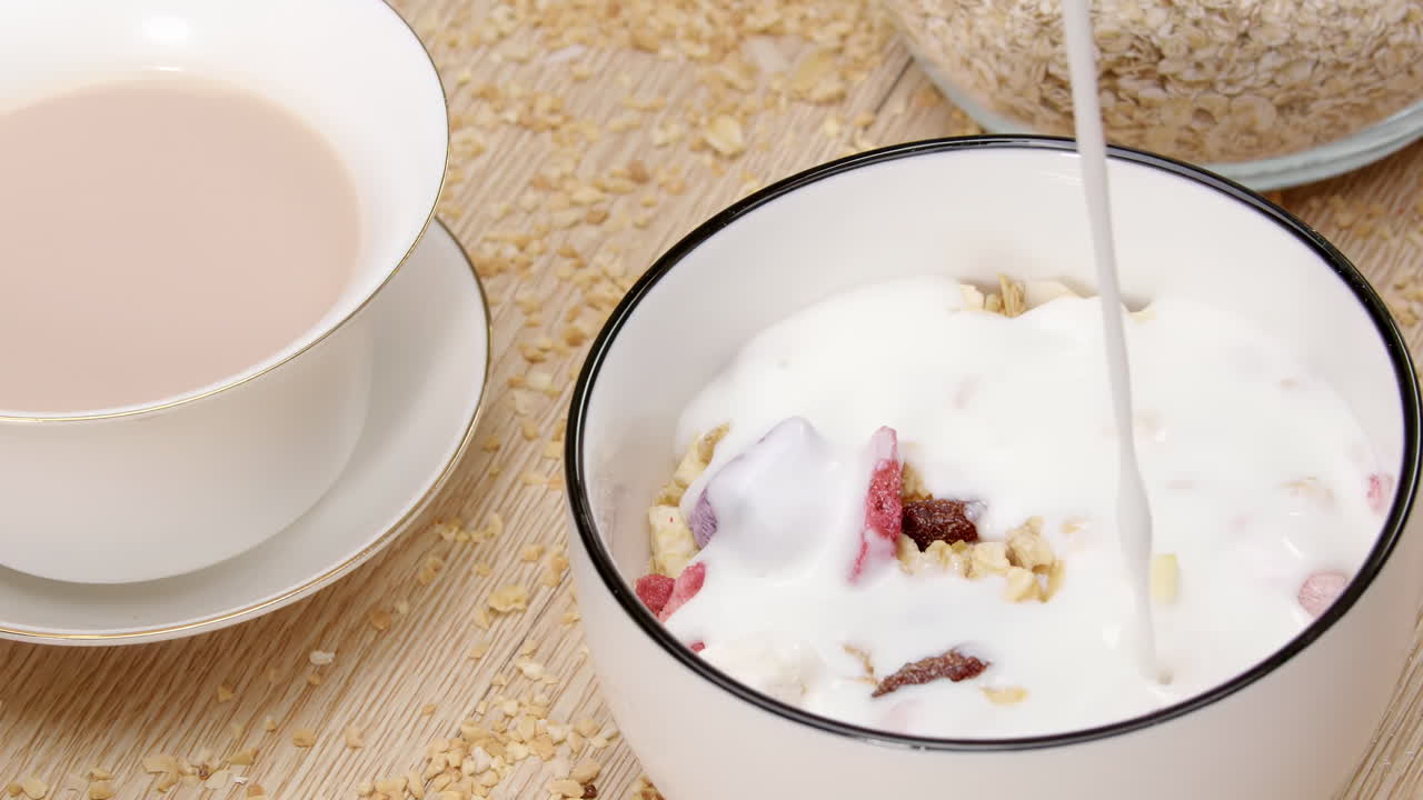 Scena di una colazione sana e deliziosa con latte bianco o yogurt cremoso versato in una ciotola riempita di cereali croccanti e colorati, questo nutriente è perfetto per spot alimentari e pubblicità di prodotti lattiero-caseari