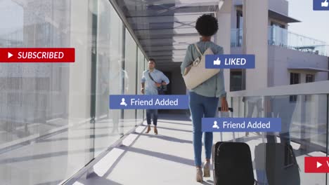 animation of social media icons over biracial businessman running in airport