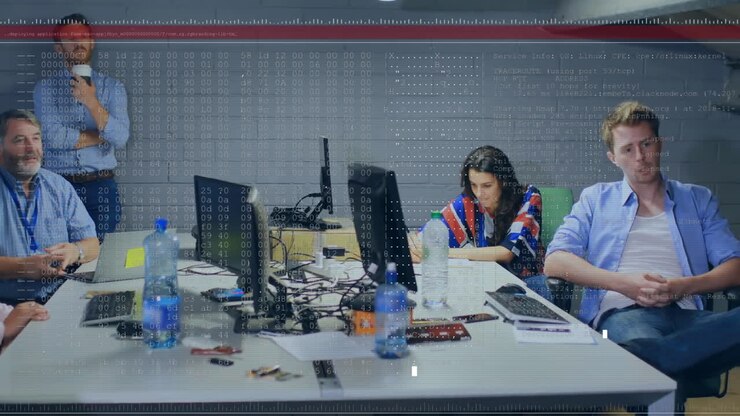 Animation of financial data processing over diverse business people in office
