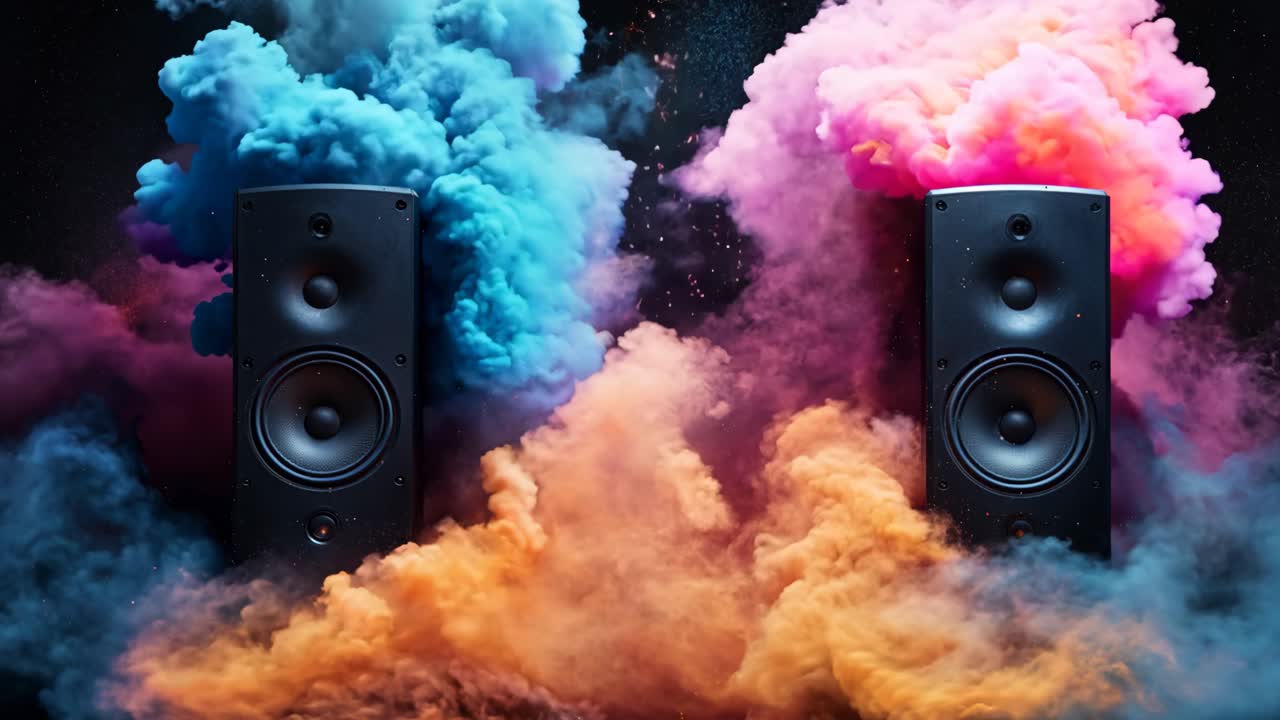 Two speakers are surrounded by colorful smoke, creating a vibrant and energetic atmosphere. The speakers are positioned close to each other, emphasizing their importance in the scene