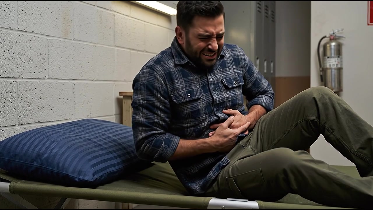 Man experiencing intense lower back pain while lying sideways on comfortable sofa in home interior