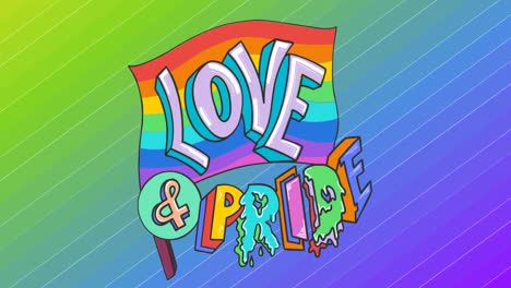 animation of love and pride text and flag over rainbow stripes