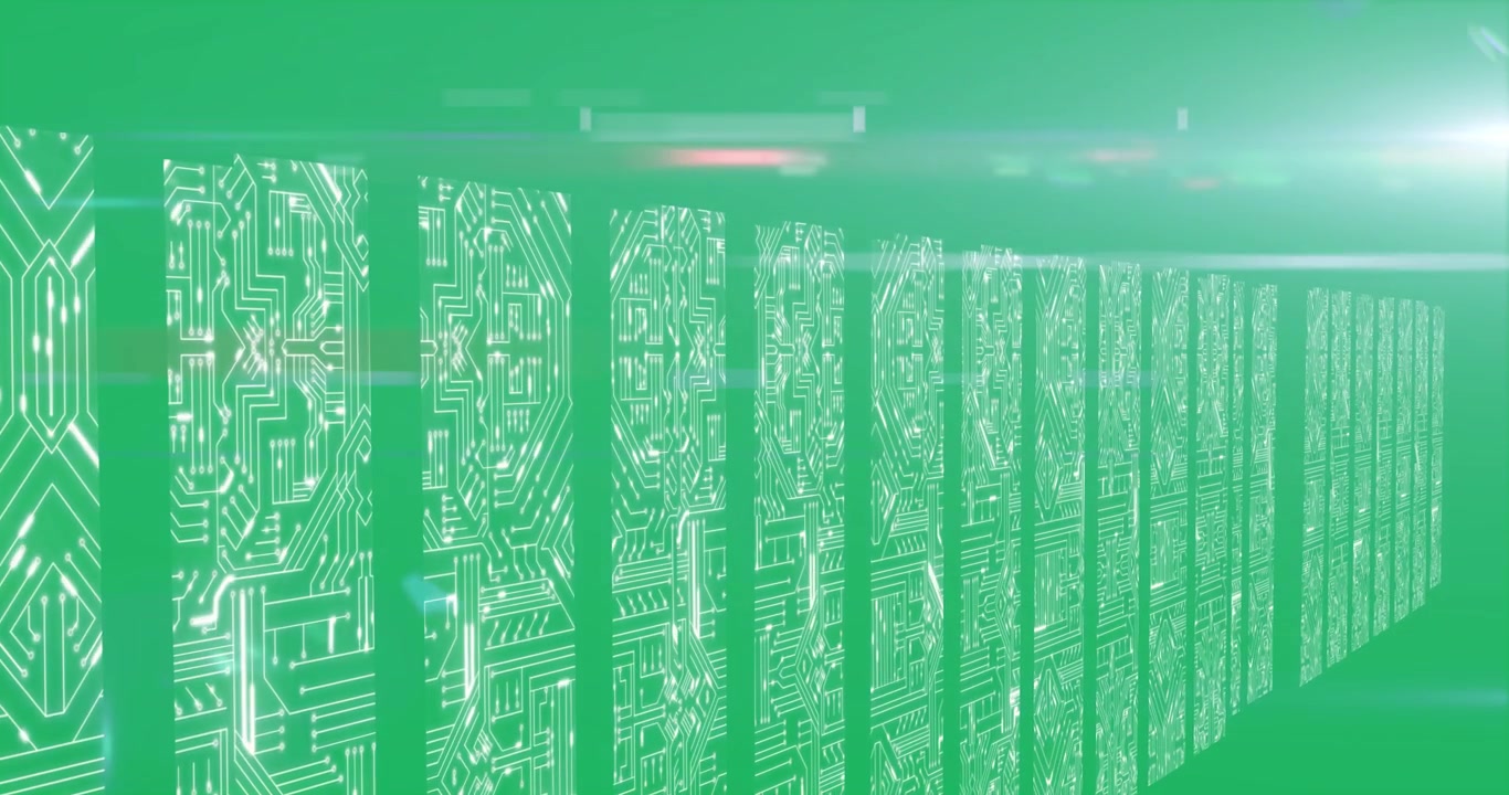 Left red band sweeping glass panels pulsing, receding, showing data flow, background transparent