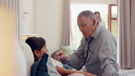 Home,-child-and-doctor-with-stethoscope-in-bed