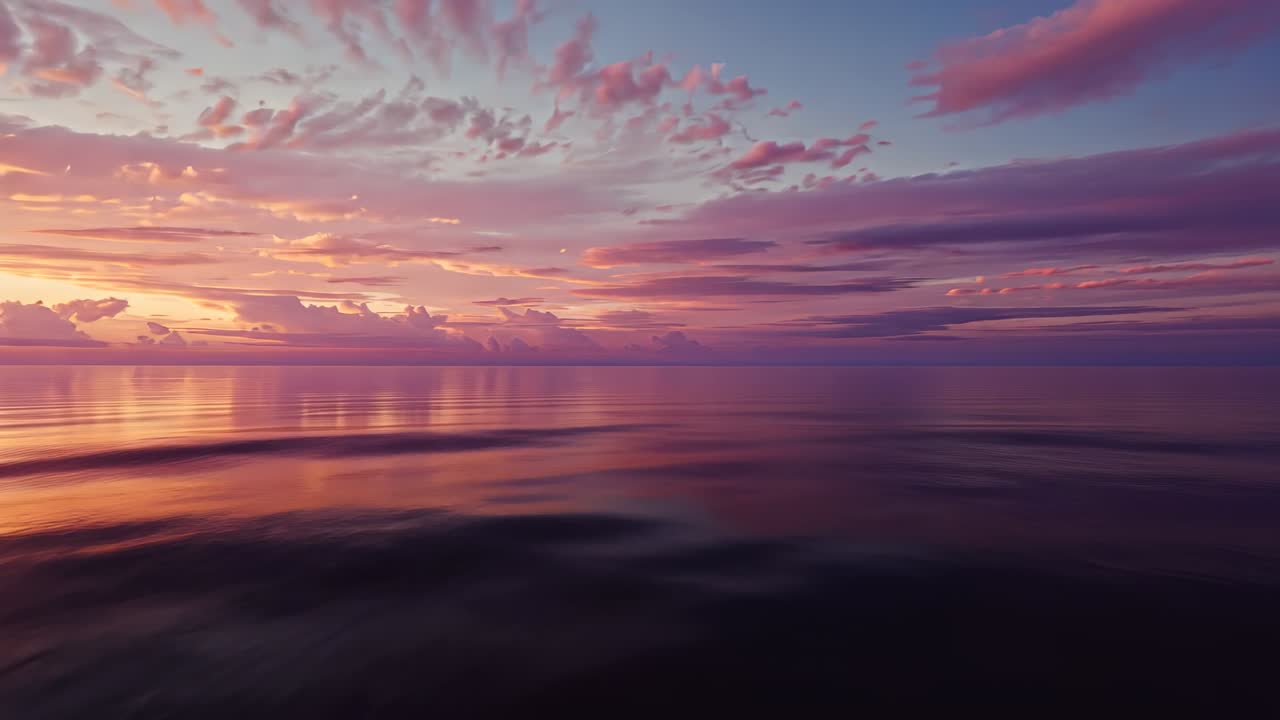 Shifting open ocean horizon reflecting low sun pink light, layered clouds streaking, ripples moving