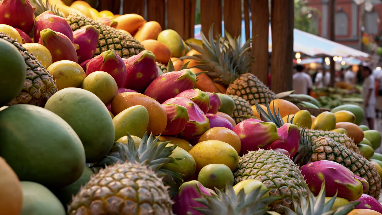 Vibrant Tropical Fruit Market Stall Piled With Pineapples, Melons, Mangoes, Pitaya And Papayas, Close Lowangle