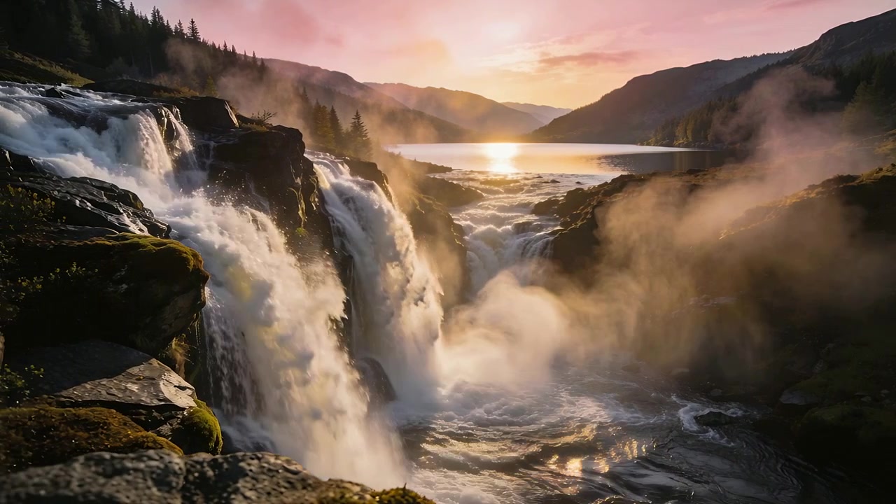 Cascata multilivello che alimenta un fiume verso un lago lontano all'alba, con il sole che illumina i riflessi