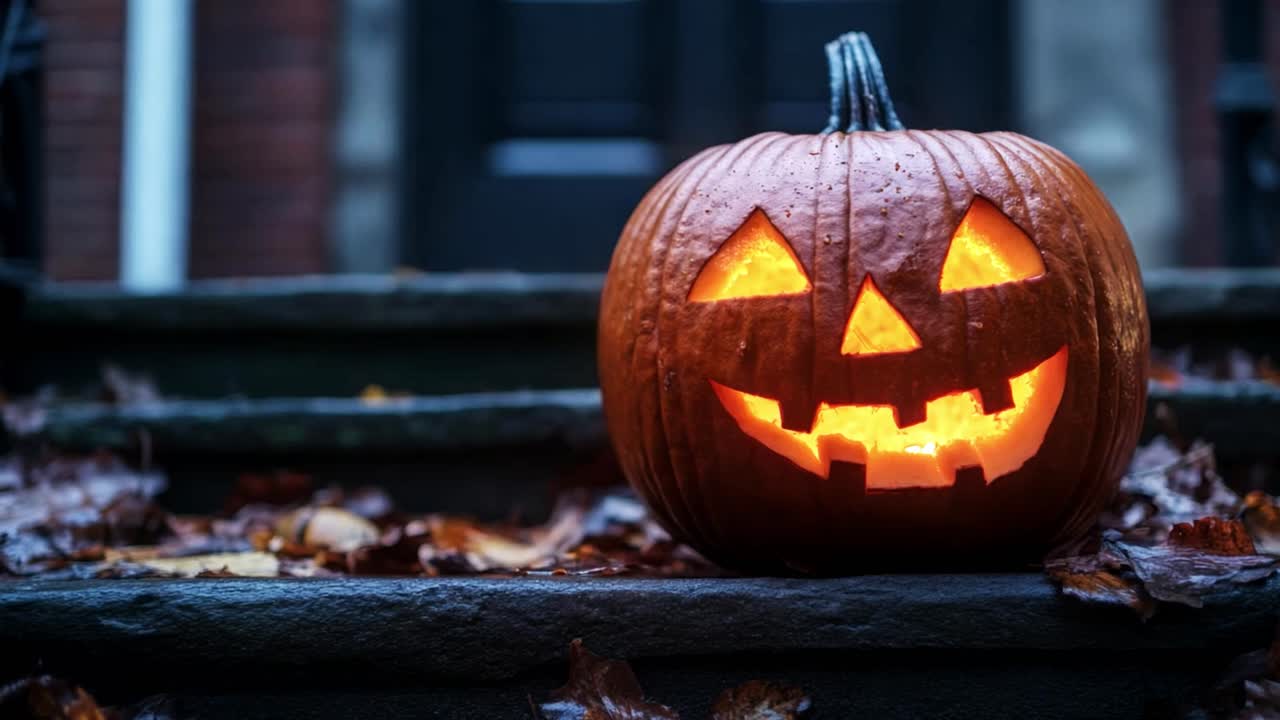 zucca di Halloween con foglie d'autunno