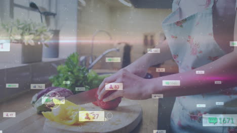 chopping vegetables in kitchen, social media engagement animation over scene