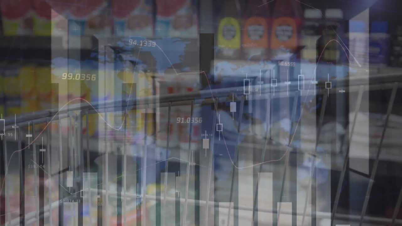 쇼핑 카트와 빈 건물 위에서 금융 데이터 처리의 애니메이션