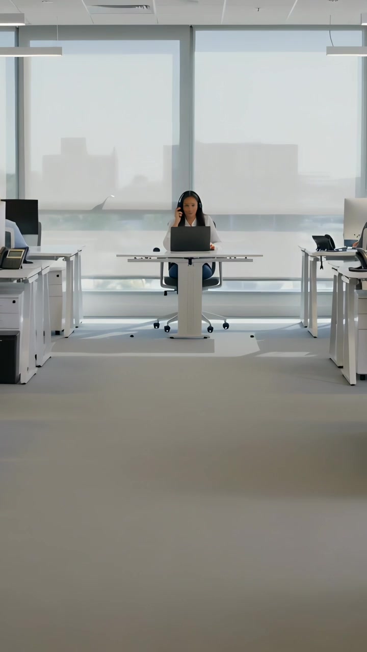 Video verticale: Donna che risponde al telefono dopo che squilla, controllando il laptop alla scrivania dell'ufficio, in giacca