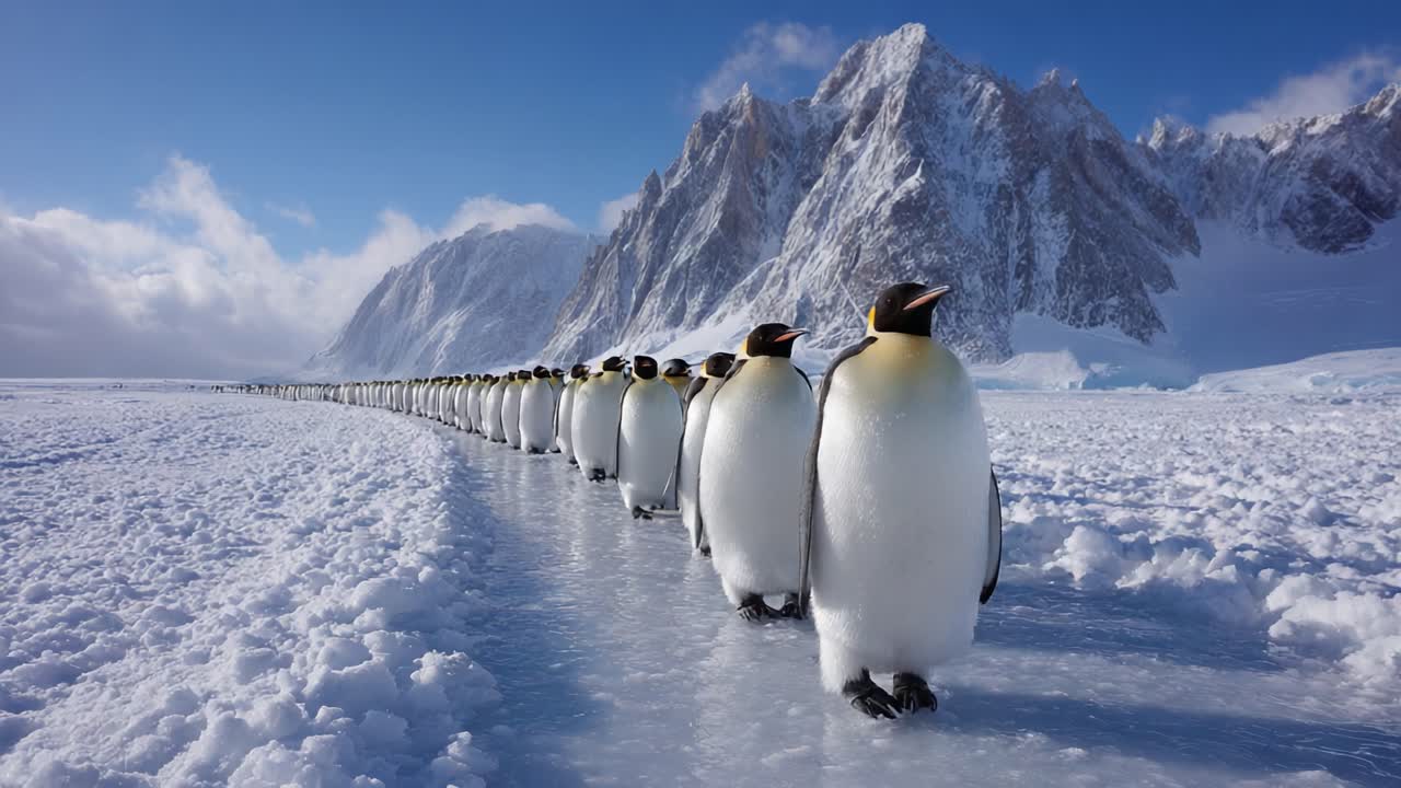 A Majestic Line of Penguins Ascends the Icy Terrain Under Majestic Mountains, Showcasing Nature’s Splendor in a Breathtaking Winter Landscape