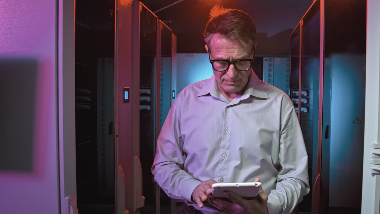 Middle-Aged IT Specialist with Tablet in Data Center