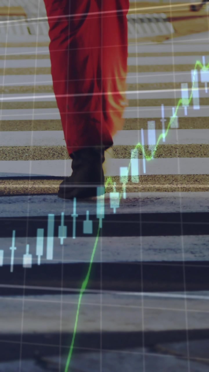 Animación de procesamiento de datos financieros sobre un paso de cebra en una calle de la ciudad